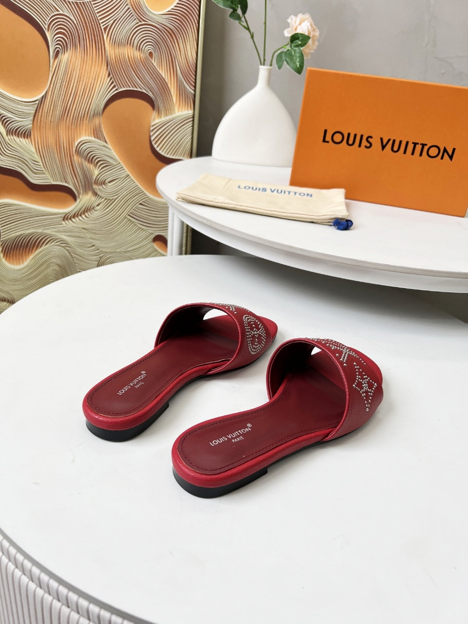 FLAT SLIDE IN RUBY RED LAMBSKIN WITH RHINSTONES - 35