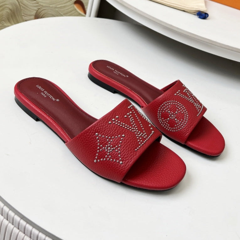 FLAT SLIDE IN RUBY RED LAMBSKIN WITH RHINSTONES - 35
