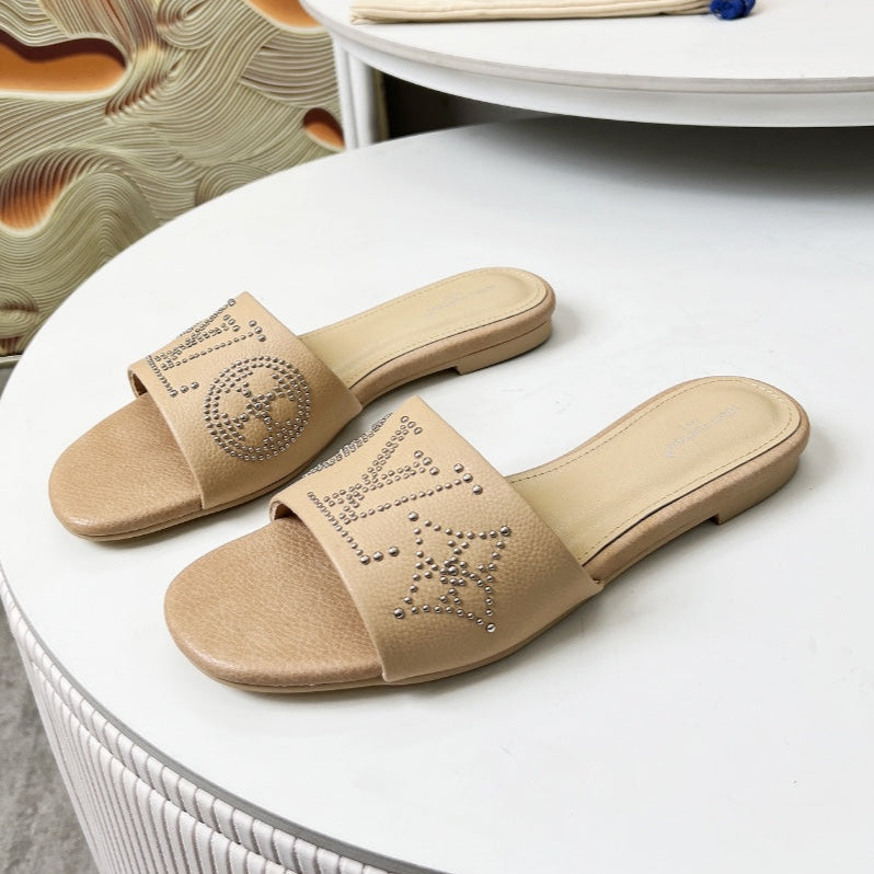 FLAT SLIDE IN BISQUE BEIGE LAMBSKIN WITH RHINSTONES - 35