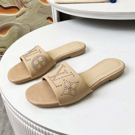 FLAT SLIDE IN BISQUE BEIGE LAMBSKIN WITH RHINSTONES - 35