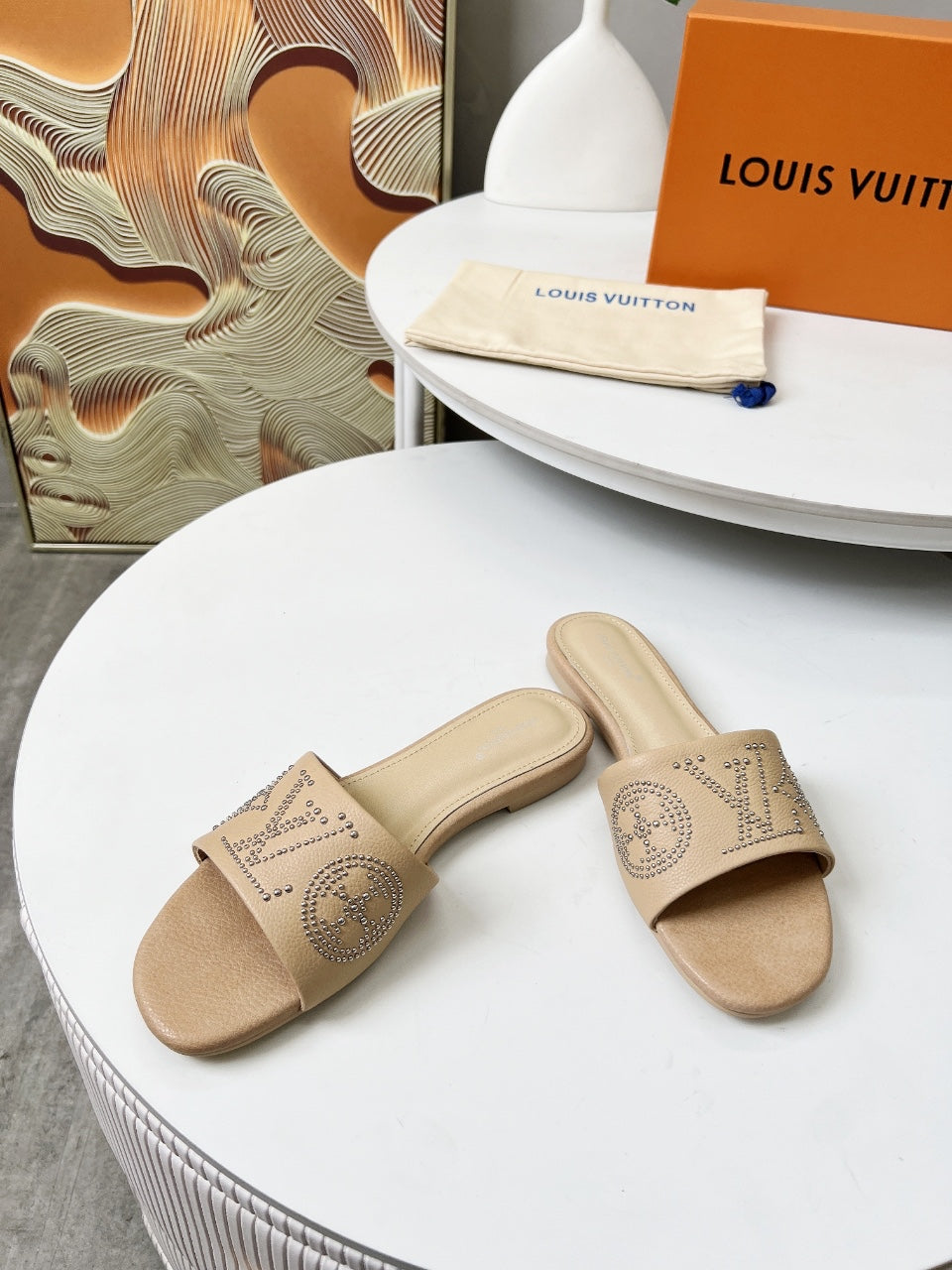 FLAT SLIDE IN BISQUE BEIGE LAMBSKIN WITH RHINSTONES - 35