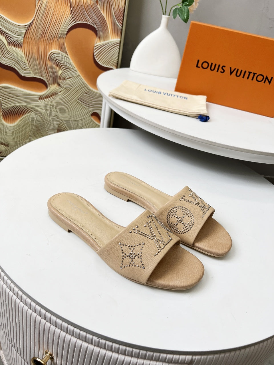 FLAT SLIDE IN BISQUE BEIGE LAMBSKIN WITH RHINSTONES - 35