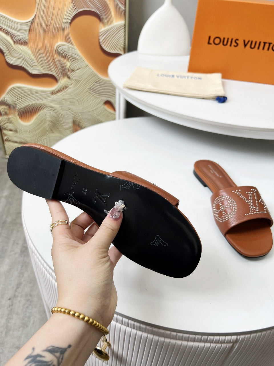 FLAT SLIDE IN BRONZE BROWN LAMBSKIN WITH RHINSTONES - 35