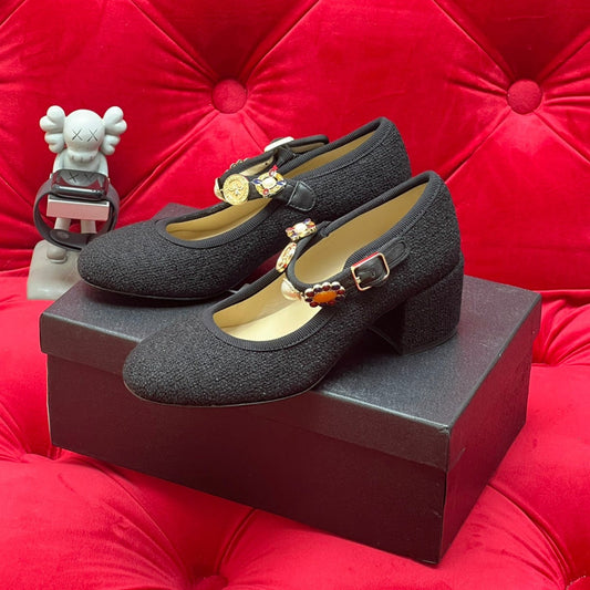 HIGH MARY JANE SHOES BLACK WOOL TWEED - 35