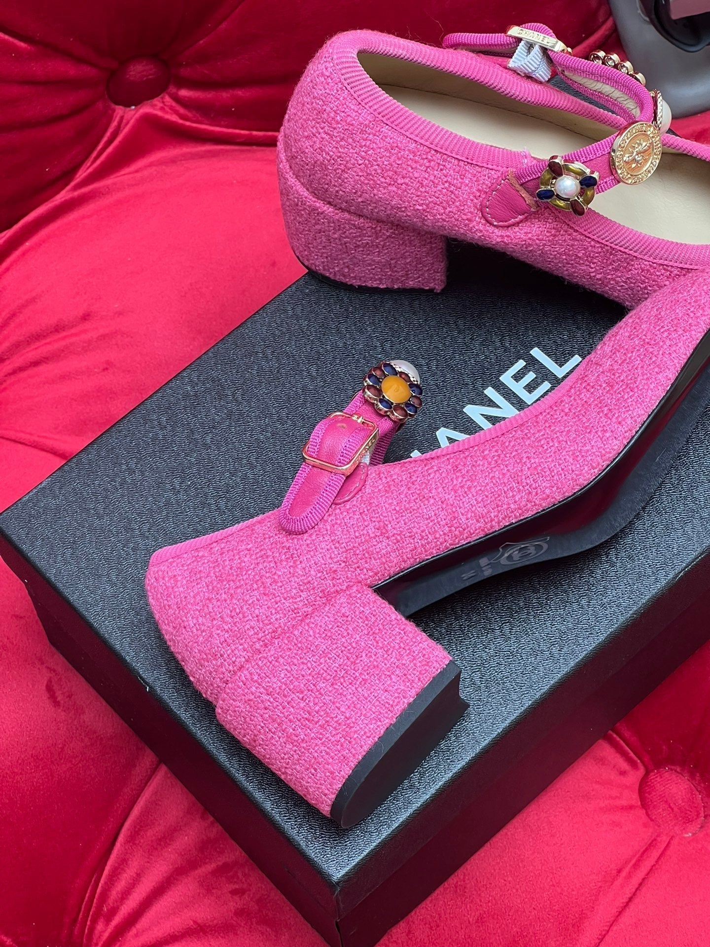 HIGH MARY JANE SHOES HOT PINK WOOL TWEED - 35