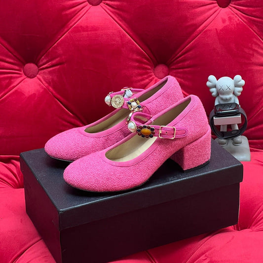 HIGH MARY JANE SHOES HOT PINK WOOL TWEED - 35