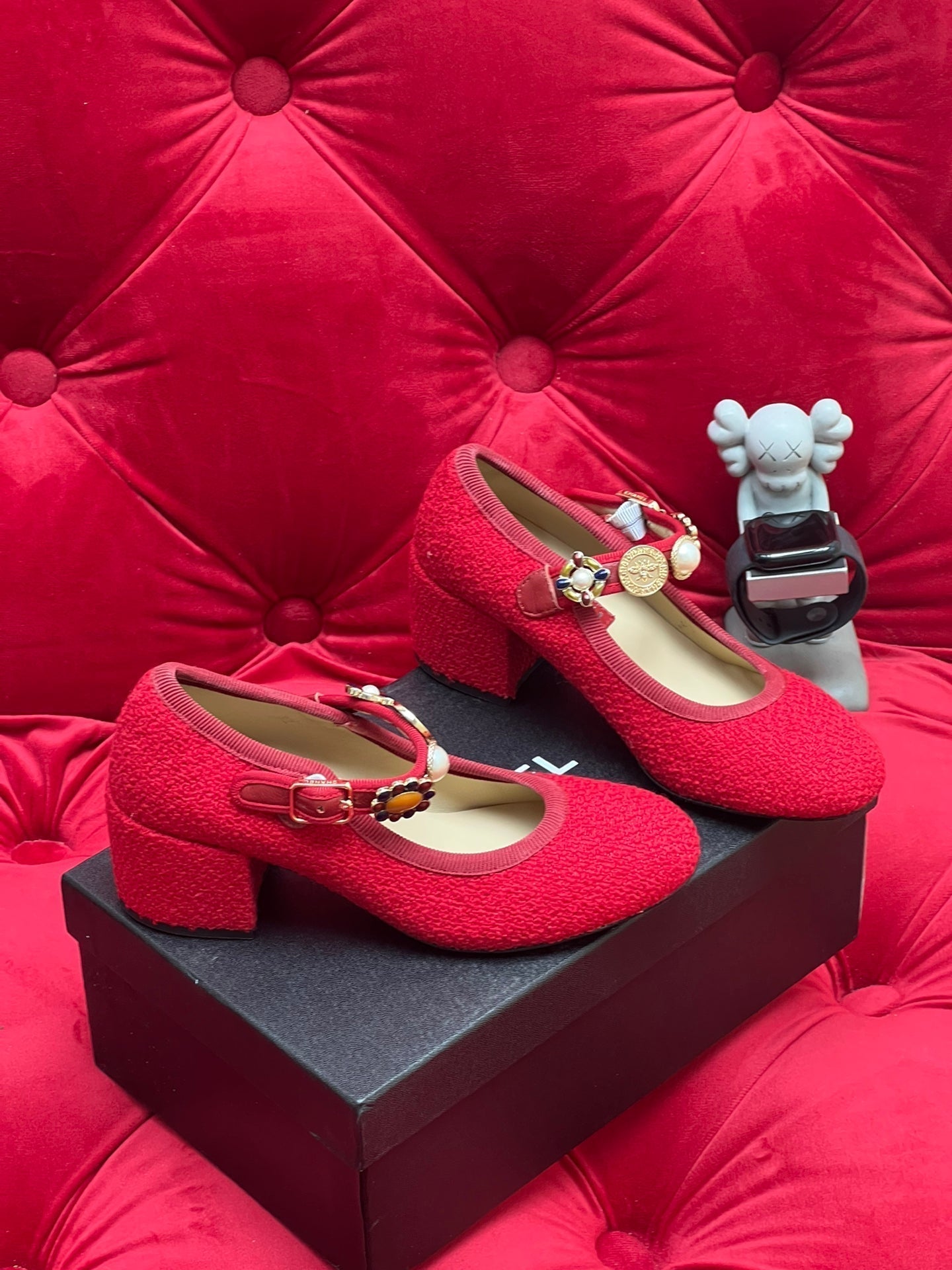 HIGH MARY JANE SHOES CHERRY RED WOOL TWEED - 35