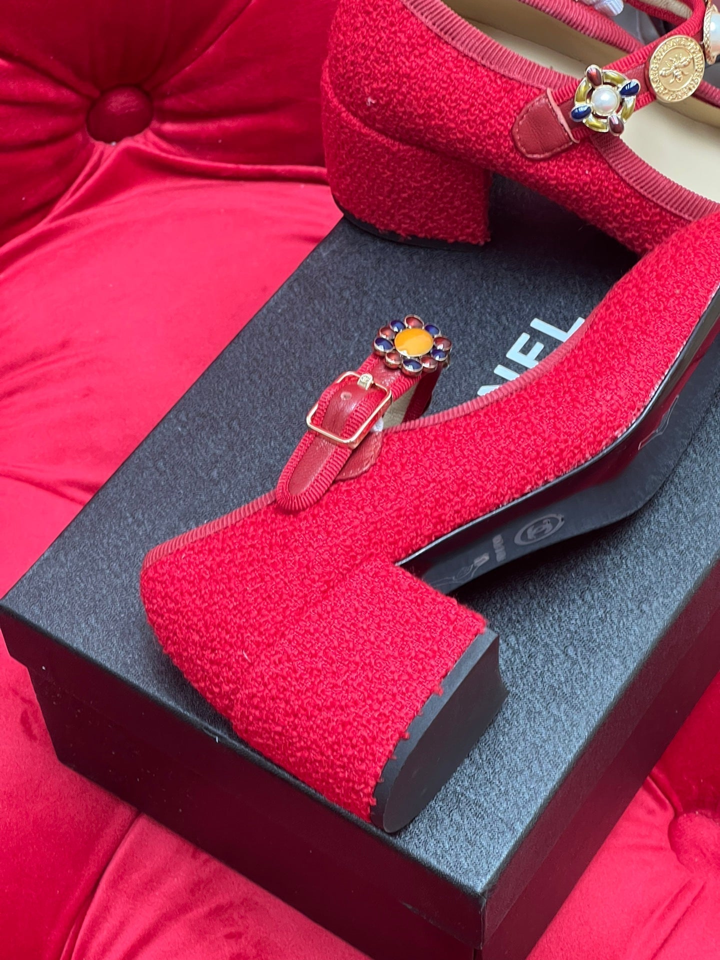 HIGH MARY JANE SHOES CHERRY RED WOOL TWEED - 35