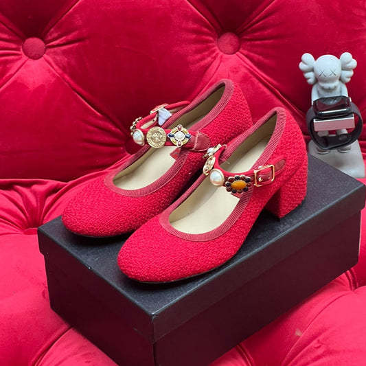 HIGH MARY JANE SHOES CHERRY RED WOOL TWEED - 35
