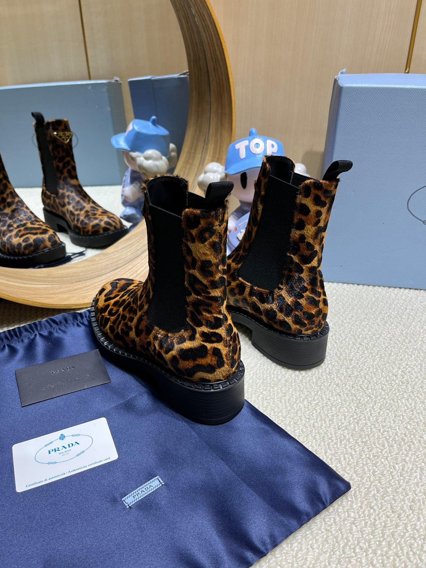 ANKLE BOOTS ATTACHED TRIANGLE LOGO IN LEOPARD PRINT HORSEHAIR - 35