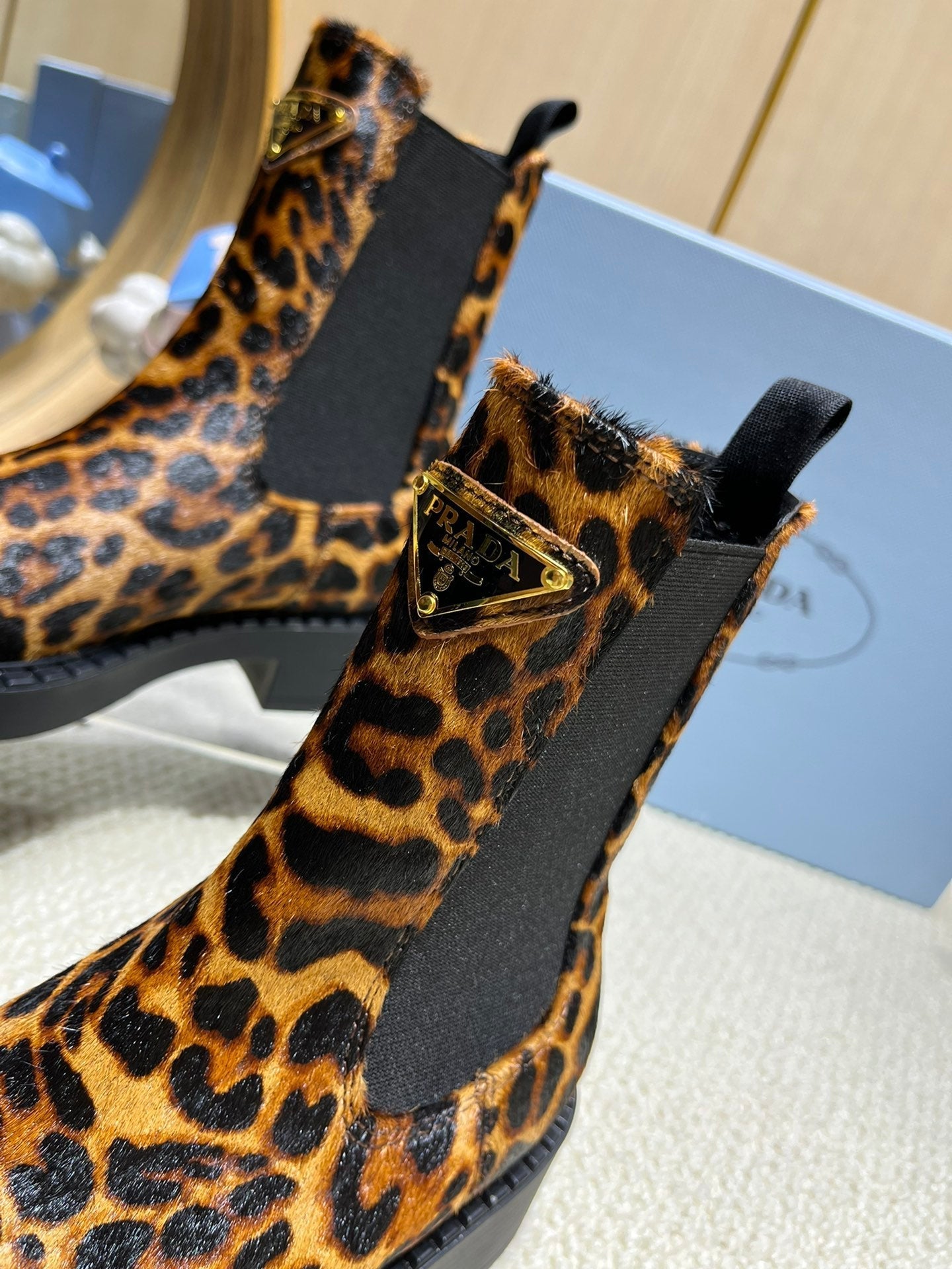 ANKLE BOOTS ATTACHED TRIANGLE LOGO IN LEOPARD PRINT HORSEHAIR - 35
