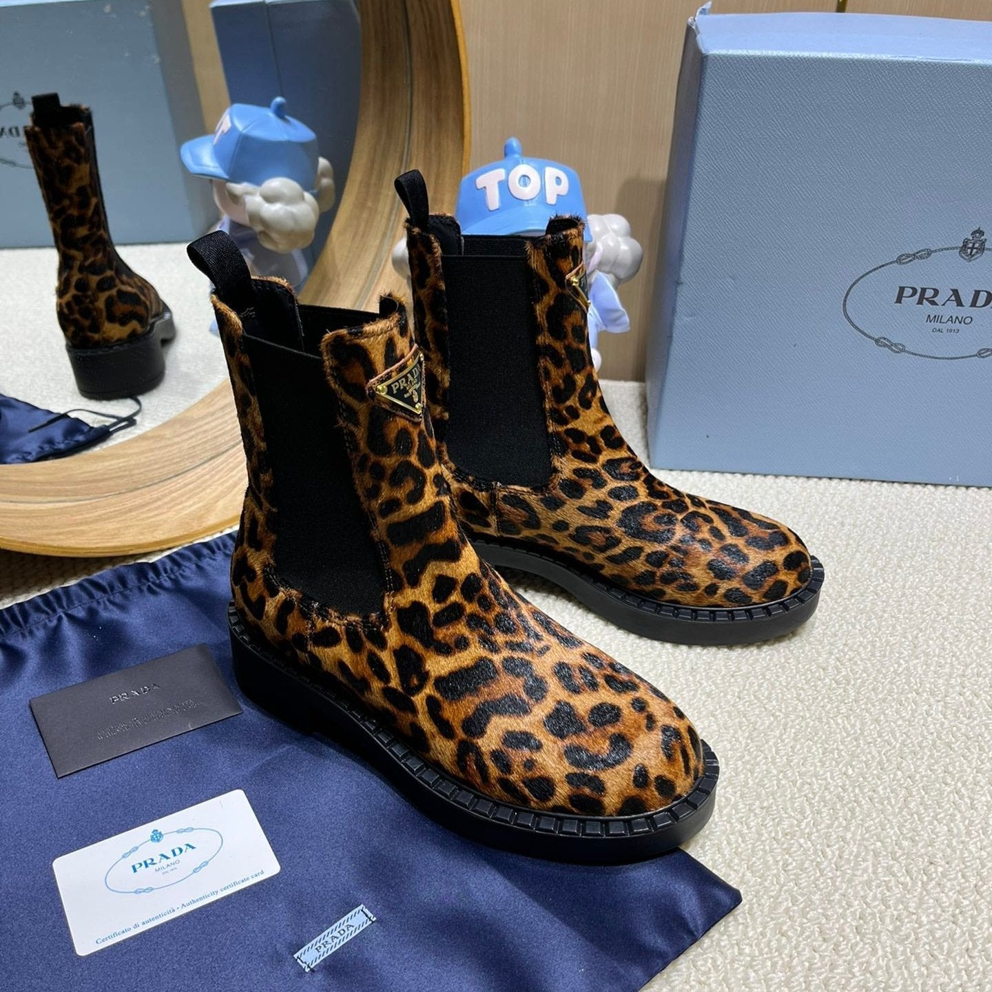 ANKLE BOOTS ATTACHED TRIANGLE LOGO IN LEOPARD PRINT HORSEHAIR - 35
