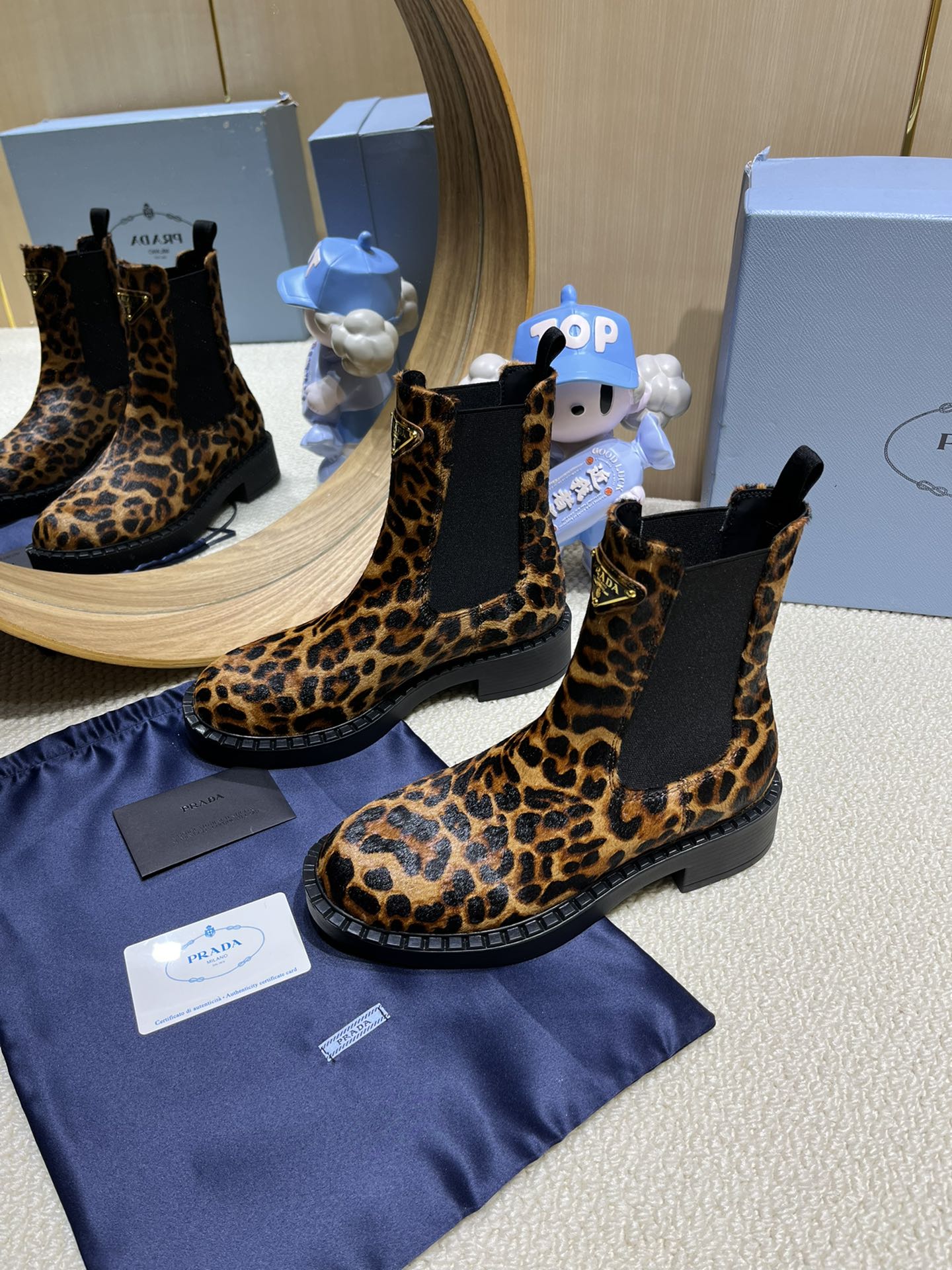 ANKLE BOOTS ATTACHED TRIANGLE LOGO IN LEOPARD PRINT HORSEHAIR - 35