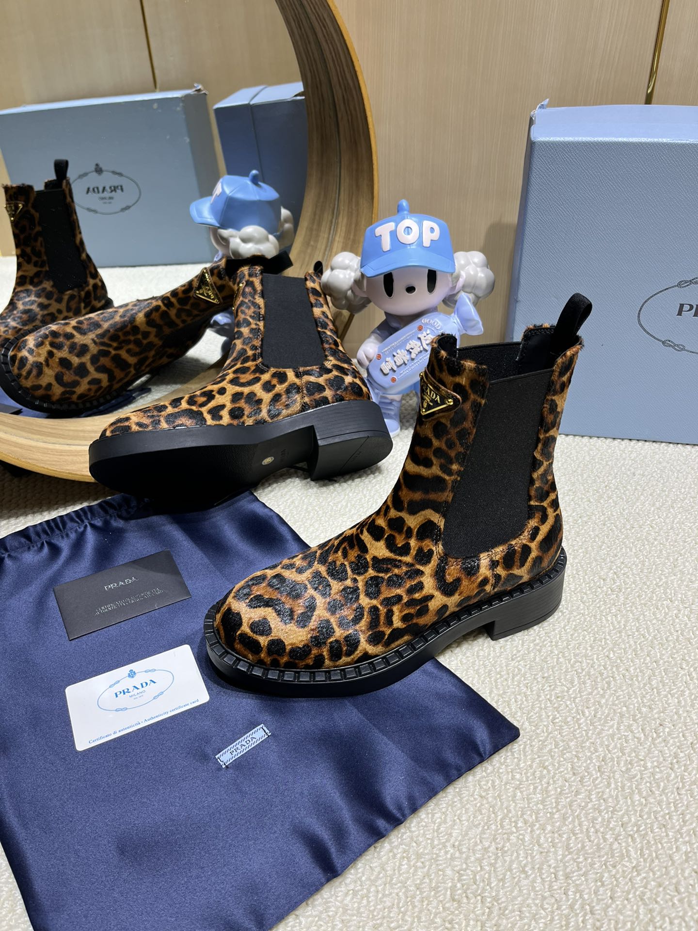 ANKLE BOOTS ATTACHED TRIANGLE LOGO IN LEOPARD PRINT HORSEHAIR - 35