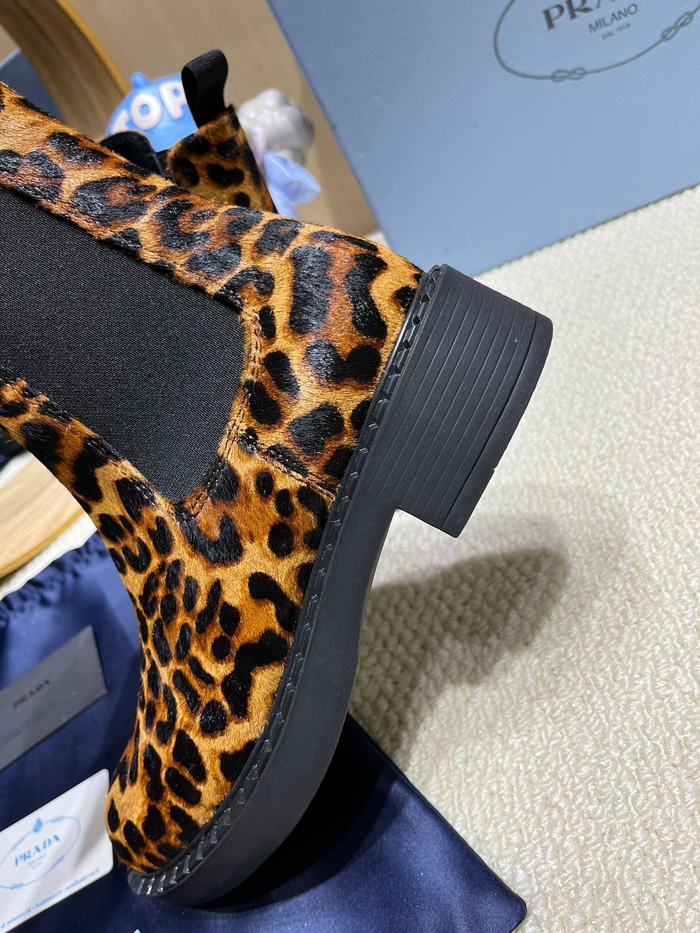 ANKLE BOOTS ATTACHED TRIANGLE LOGO IN LEOPARD PRINT HORSEHAIR - 35