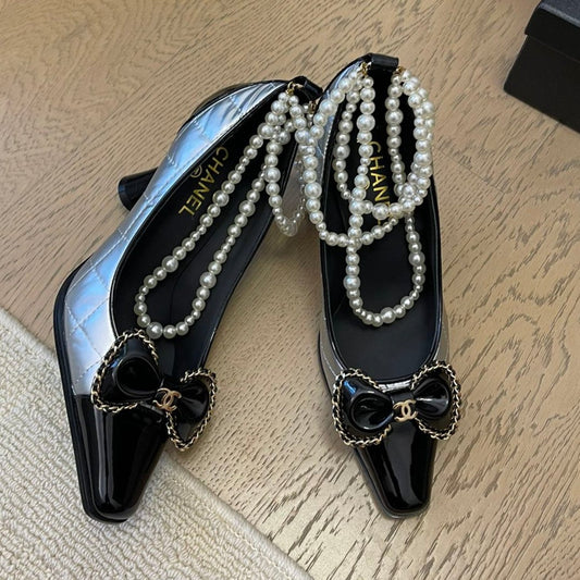 HIGH HEEL 8 CM IN SILVER MIX BLACK CALFSKIN WITH PEARL CHAIN - 35