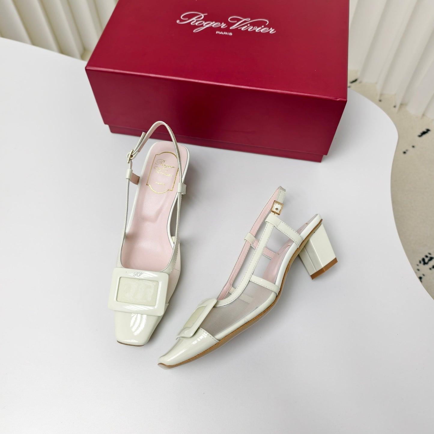 ROGER VIVIER 25S BELLE VIVIER SLINGBACK PUMPS 45MM IN LIGHT SAGE MESH FABRIC - 34