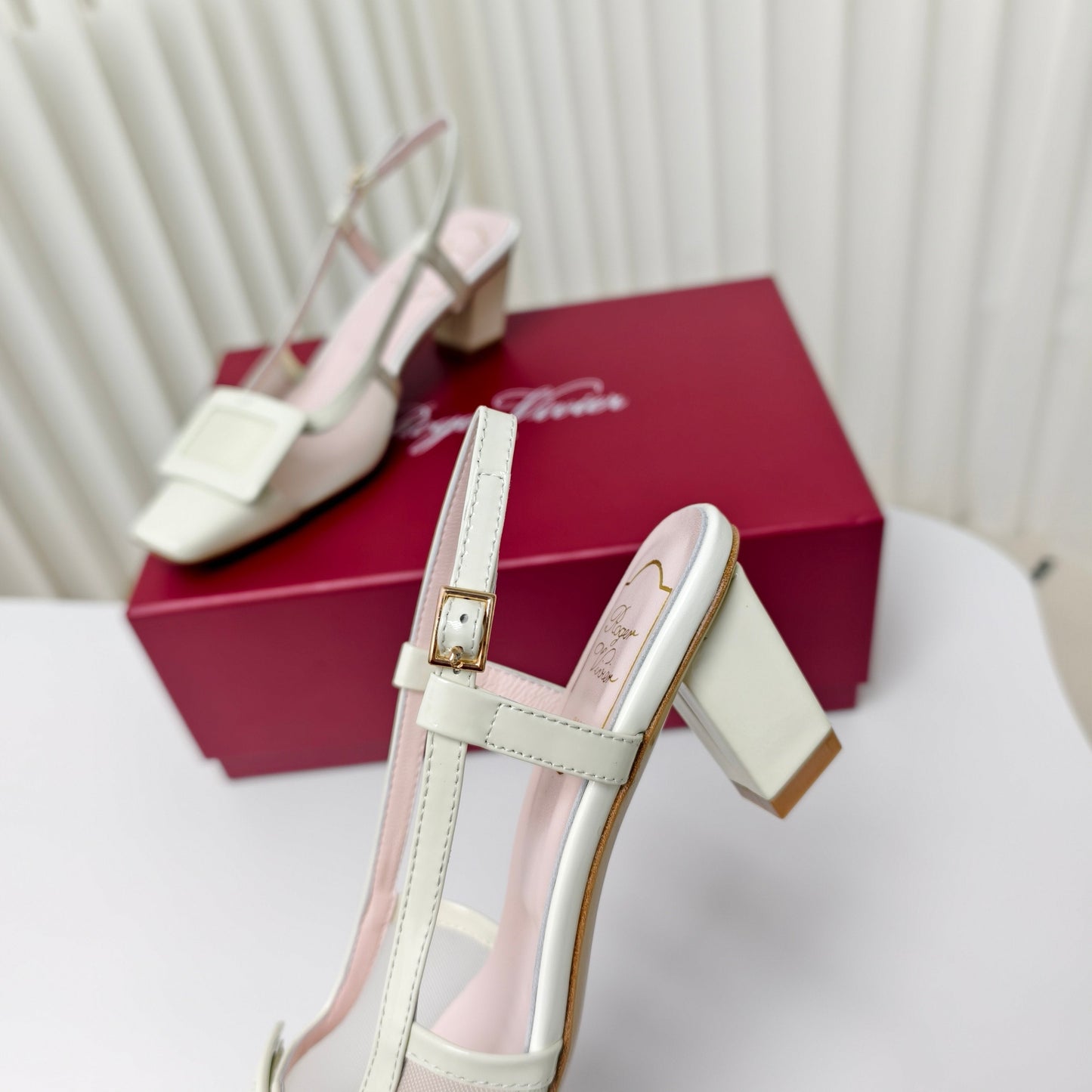 ROGER VIVIER 25S BELLE VIVIER SLINGBACK PUMPS 45MM IN LIGHT SAGE MESH FABRIC - 34