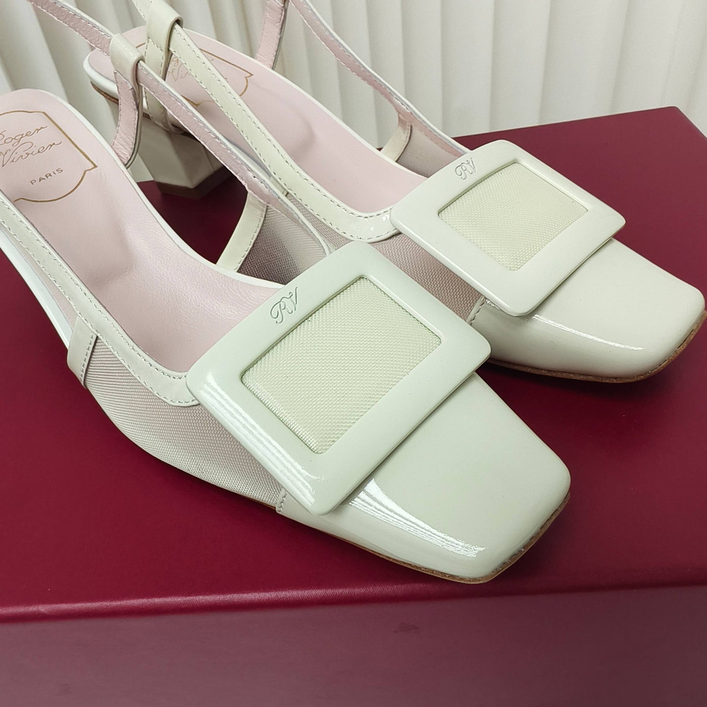 ROGER VIVIER 25S BELLE VIVIER SLINGBACK PUMPS 45MM IN LIGHT SAGE MESH FABRIC - 34