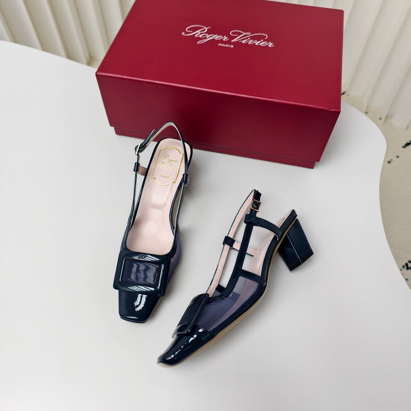 ROGER VIVIER 25S BELLE VIVIER SLINGBACK PUMPS 45MM IN NAVY BLUE MESH FABRIC - 34