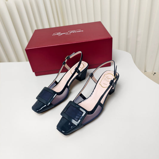 ROGER VIVIER 25S BELLE VIVIER SLINGBACK PUMPS 45MM IN NAVY BLUE MESH FABRIC - 34