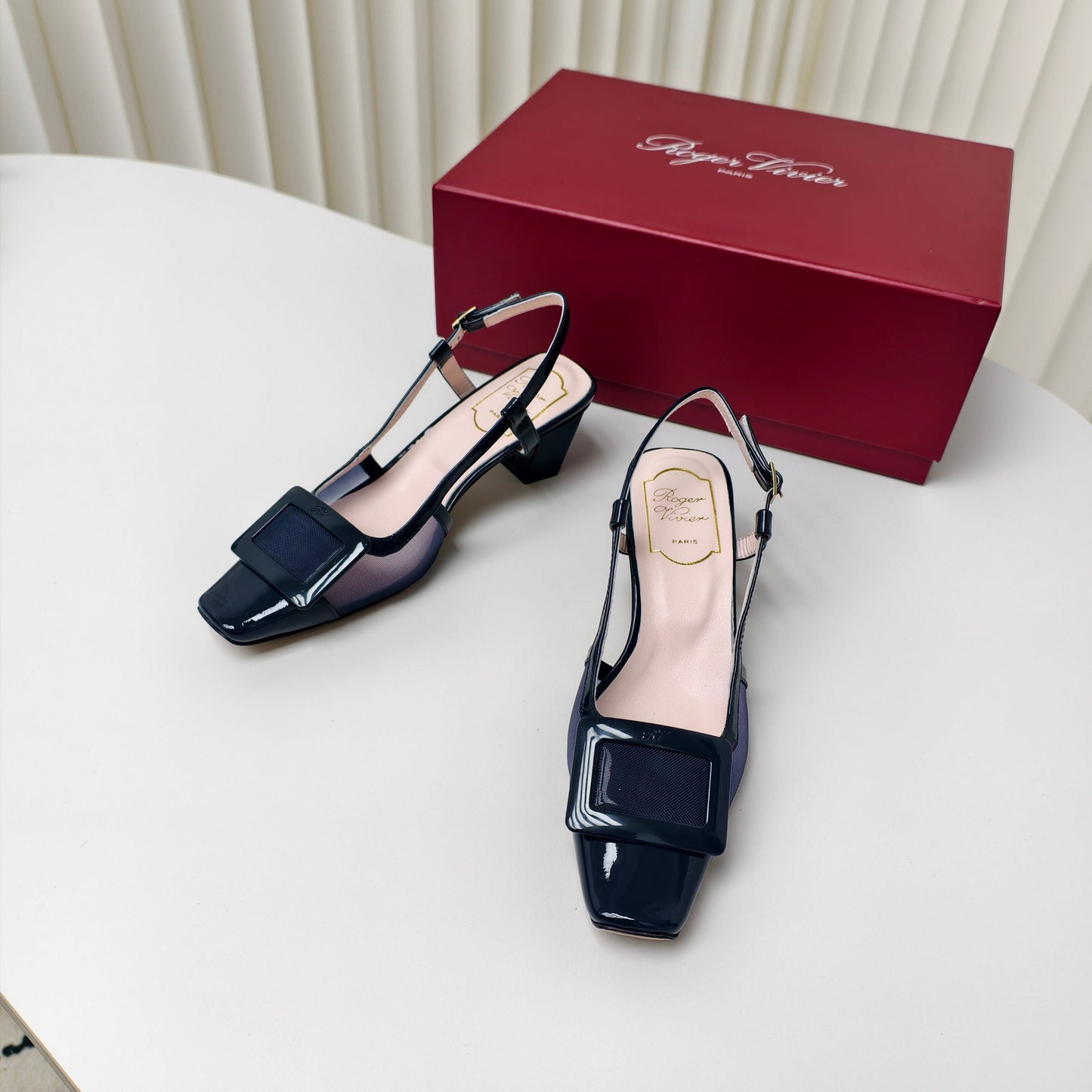 ROGER VIVIER 25S BELLE VIVIER SLINGBACK PUMPS 45MM IN NAVY BLUE MESH FABRIC - 34