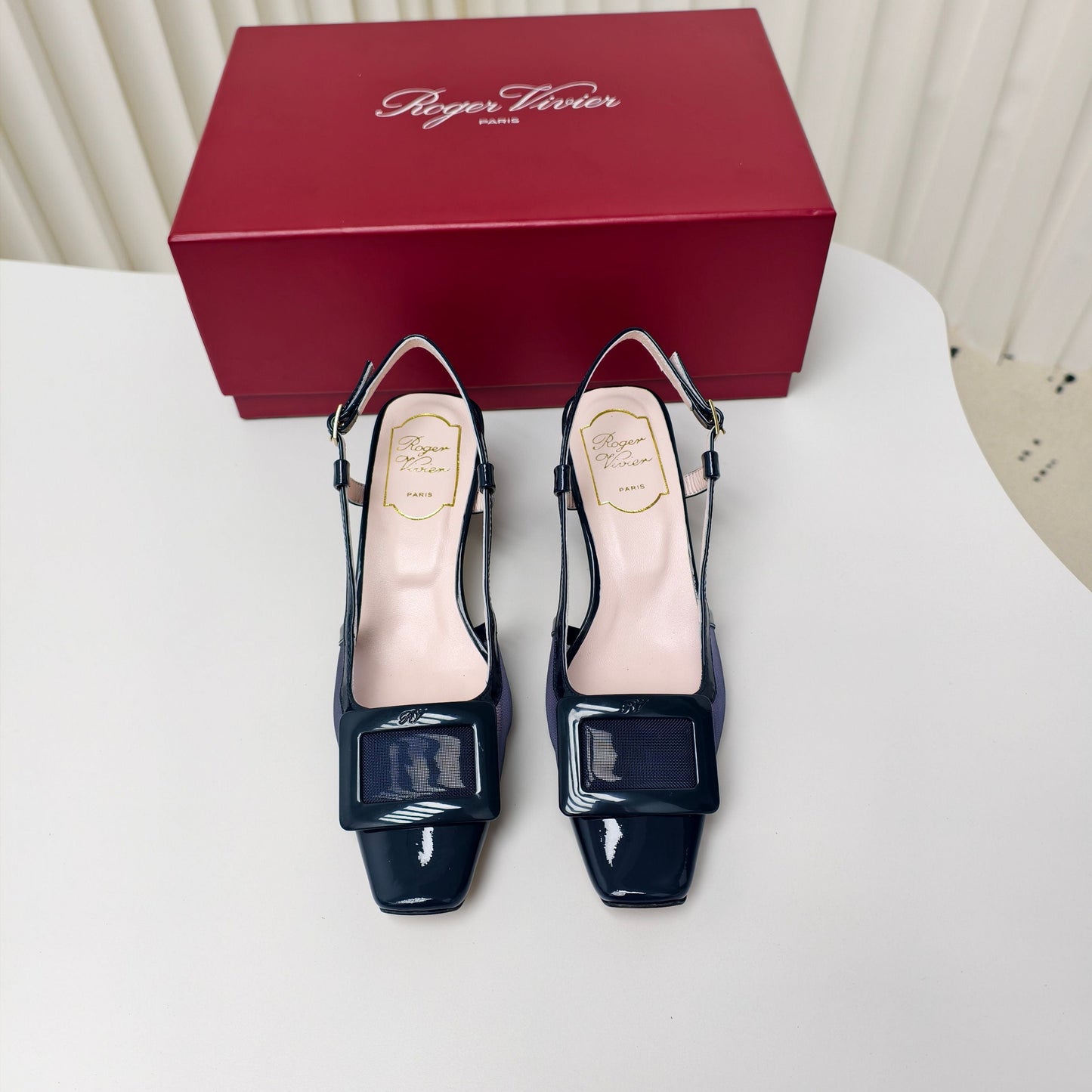 ROGER VIVIER 25S BELLE VIVIER SLINGBACK PUMPS 45MM IN NAVY BLUE MESH FABRIC - 34