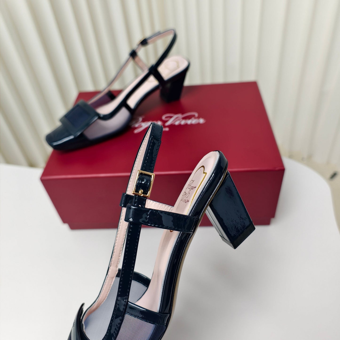 ROGER VIVIER 25S BELLE VIVIER SLINGBACK PUMPS 45MM IN NAVY BLUE MESH FABRIC - 34