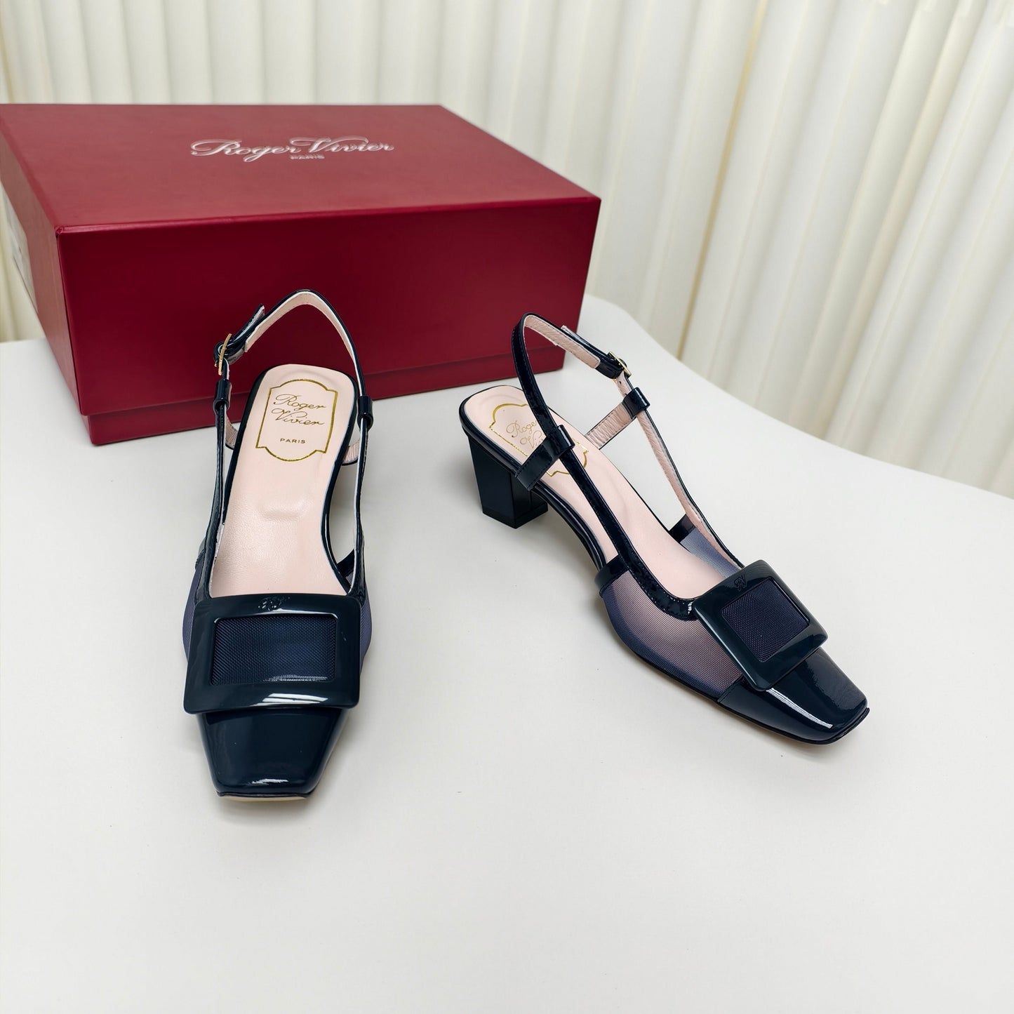 ROGER VIVIER 25S BELLE VIVIER SLINGBACK PUMPS 45MM IN NAVY BLUE MESH FABRIC - 34