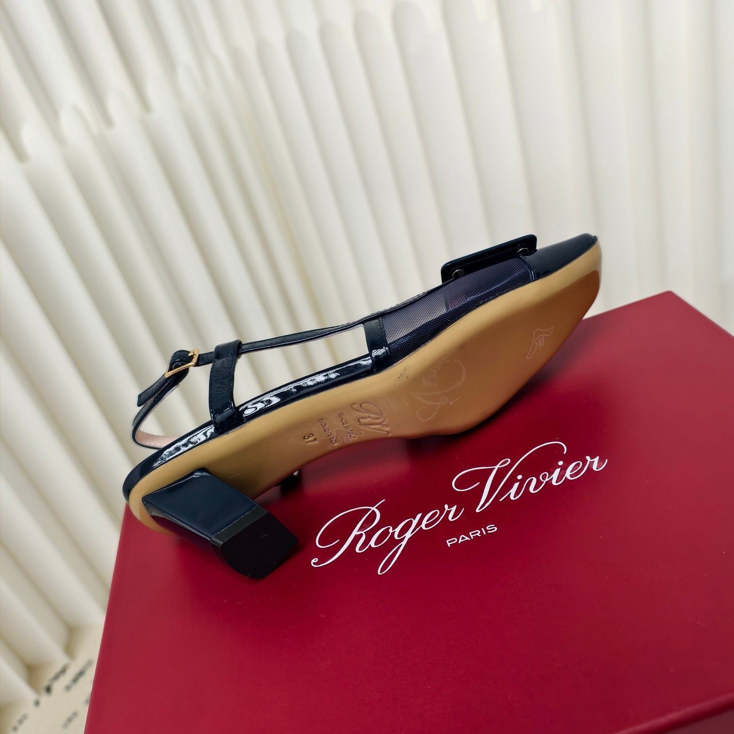 ROGER VIVIER 25S BELLE VIVIER SLINGBACK PUMPS 45MM IN NAVY BLUE MESH FABRIC - 34