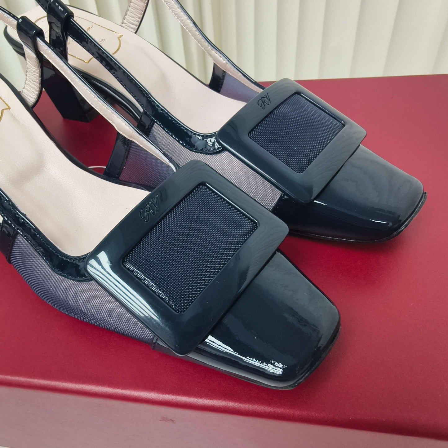 ROGER VIVIER 25S BELLE VIVIER SLINGBACK PUMPS 45MM IN NAVY BLUE MESH FABRIC - 34