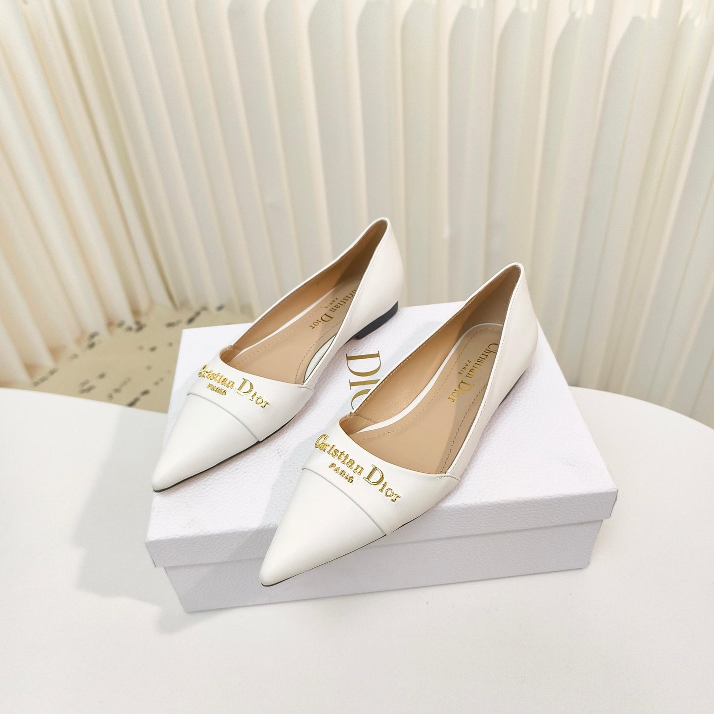 DIOR POINTED BALLET FLATS 25S IN WHITE CALFSKIN WITH GOLD HARDWARE - 34