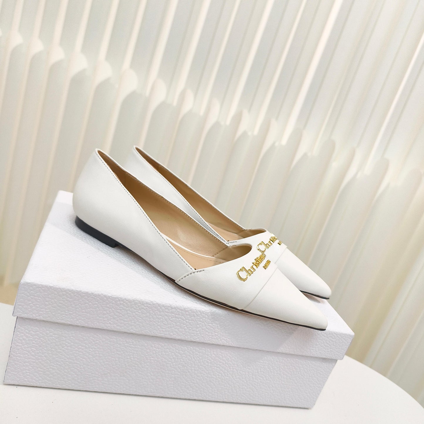 DIOR POINTED BALLET FLATS 25S IN WHITE CALFSKIN WITH GOLD HARDWARE - 34