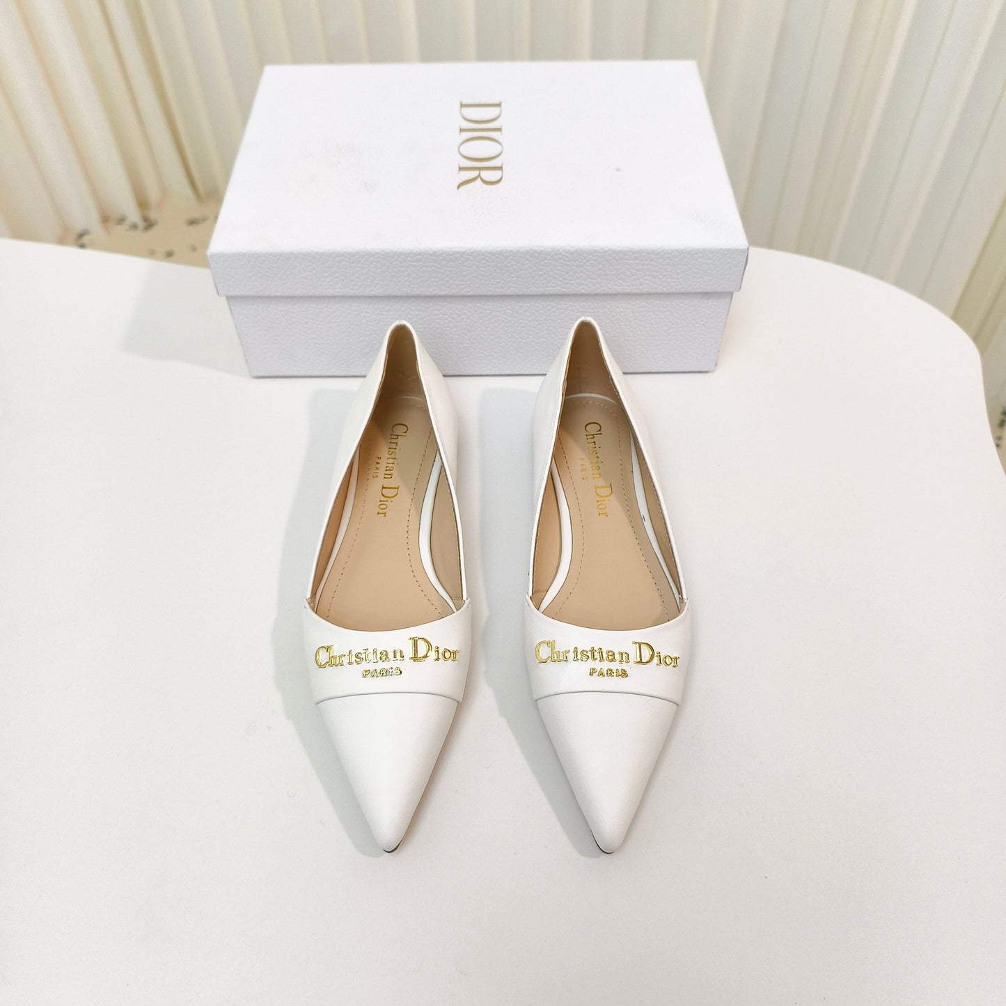 DIOR POINTED BALLET FLATS 25S IN WHITE CALFSKIN WITH GOLD HARDWARE - 34