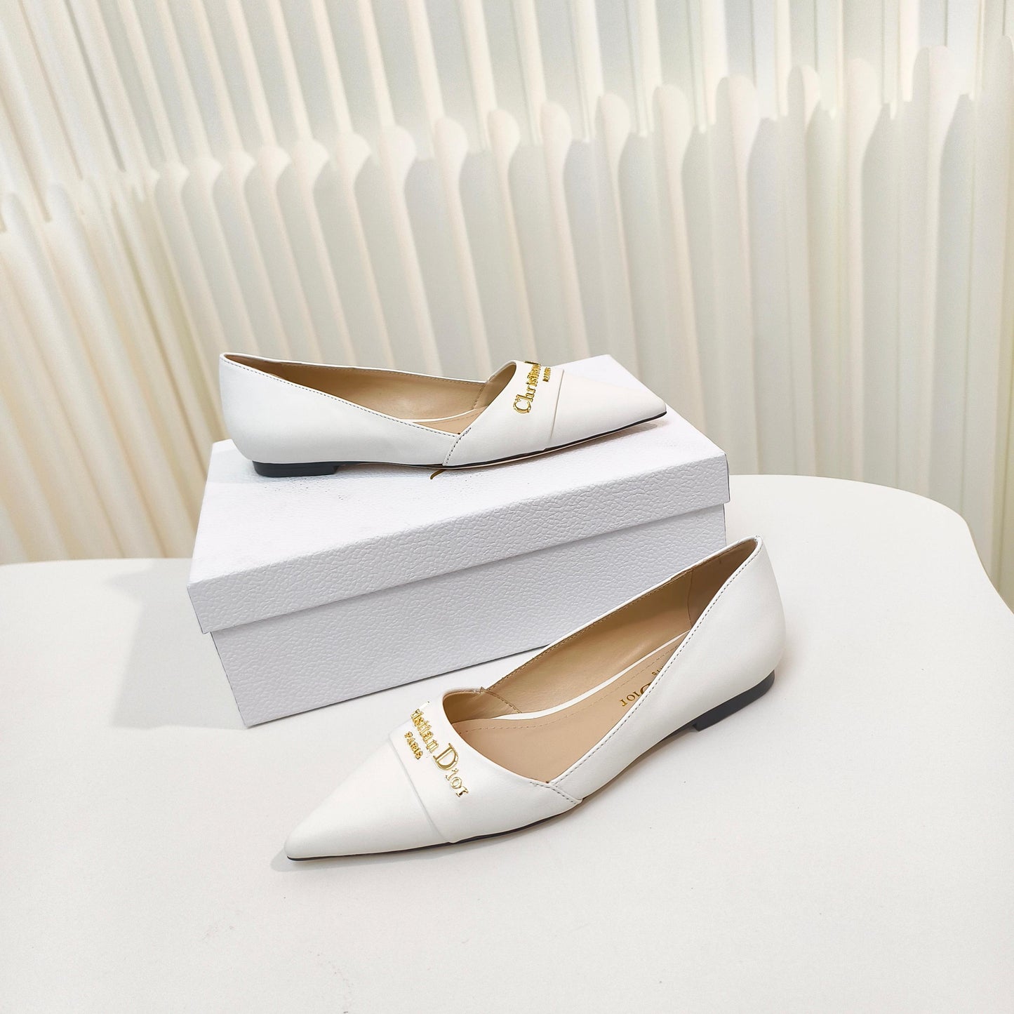 DIOR POINTED BALLET FLATS 25S IN WHITE CALFSKIN WITH GOLD HARDWARE - 34