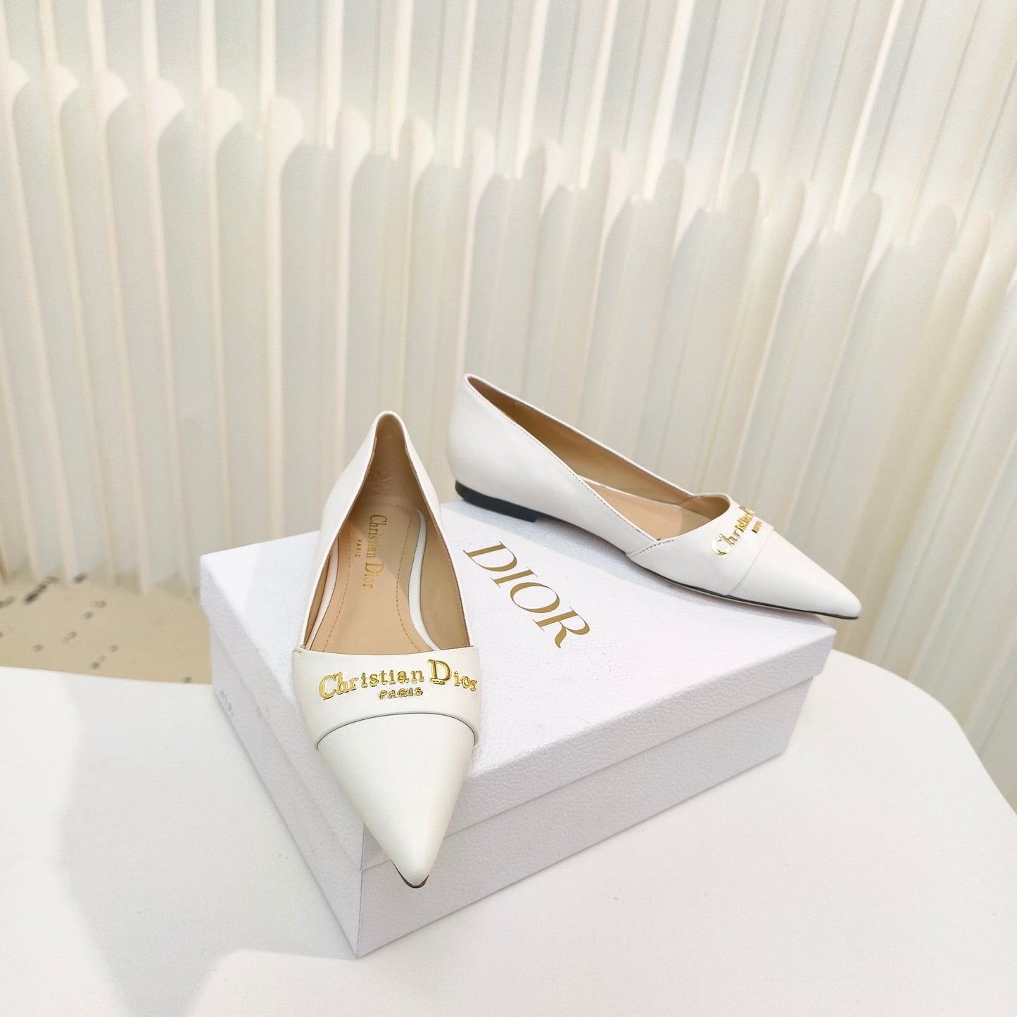 DIOR POINTED BALLET FLATS 25S IN WHITE CALFSKIN WITH GOLD HARDWARE - 34
