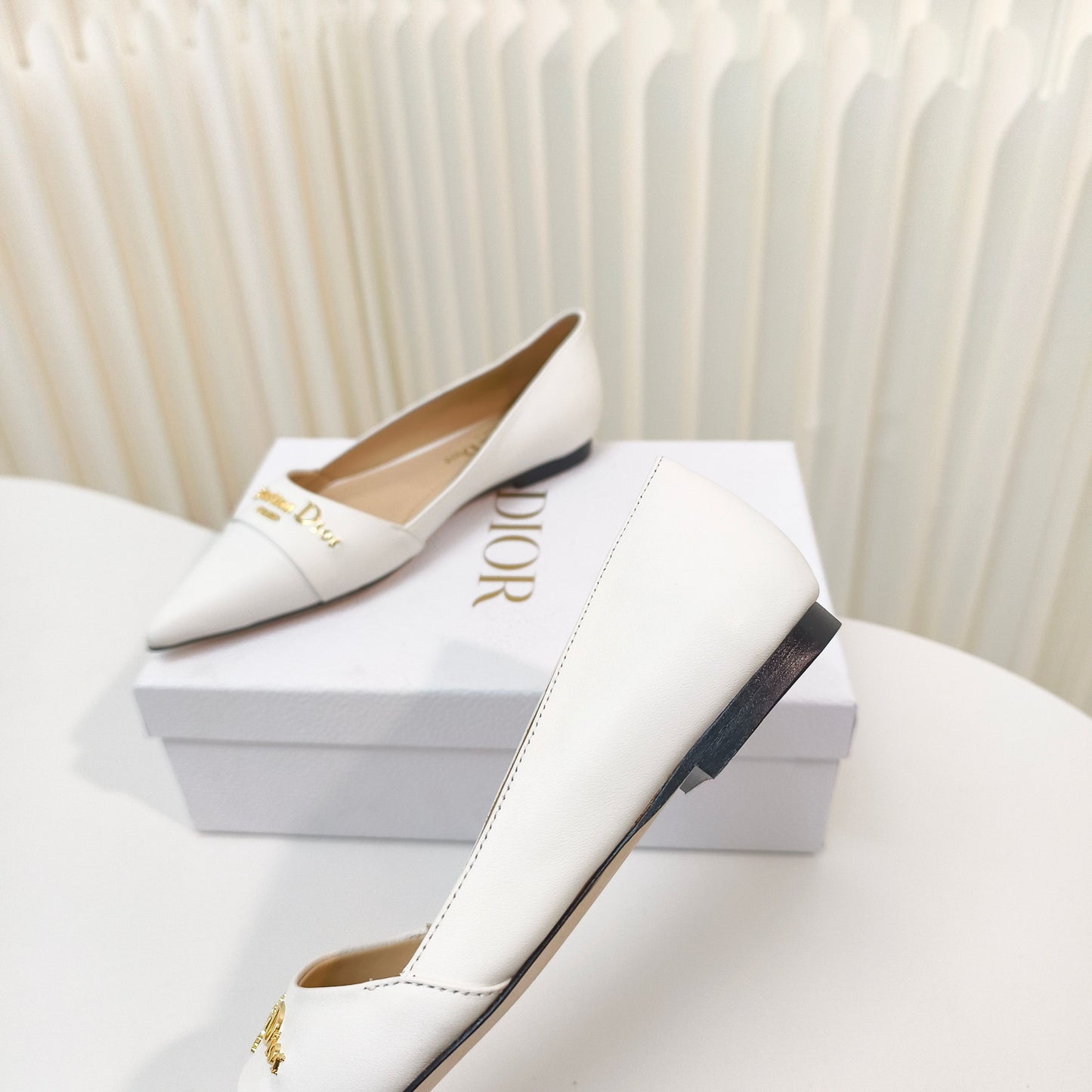 DIOR POINTED BALLET FLATS 25S IN WHITE CALFSKIN WITH GOLD HARDWARE - 34