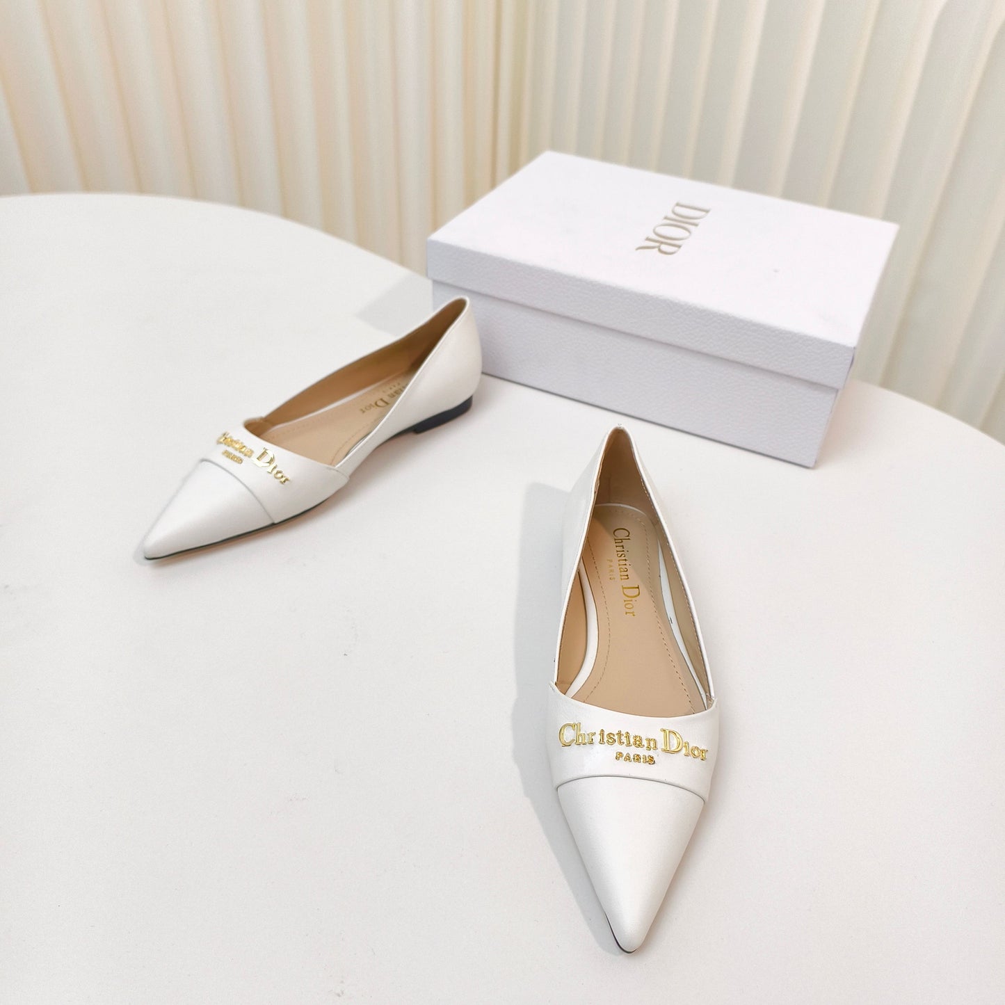 DIOR POINTED BALLET FLATS 25S IN WHITE CALFSKIN WITH GOLD HARDWARE - 34