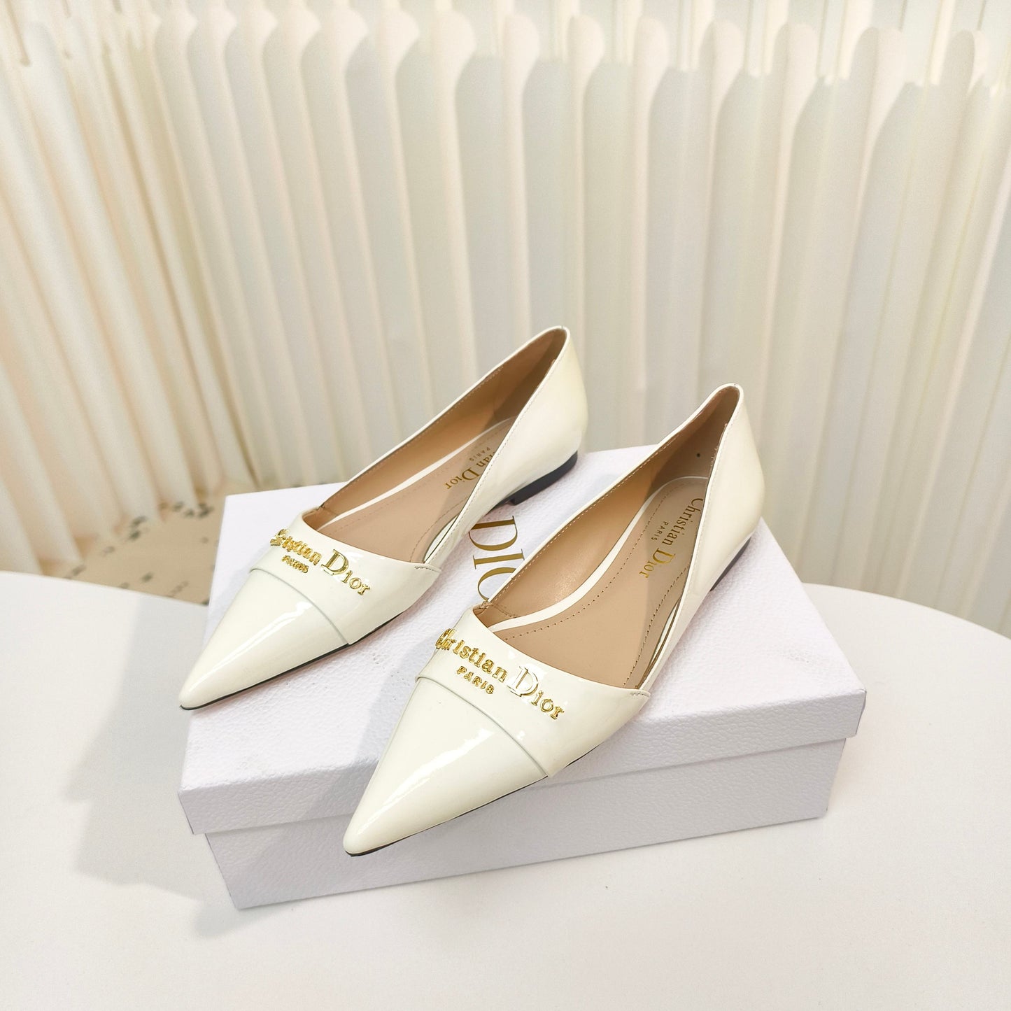 DIOR POINTED BALLET FLATS 25S IN CREAM WHITE GLOSSY LEATHER WITH GOLD HARDWARE - 34