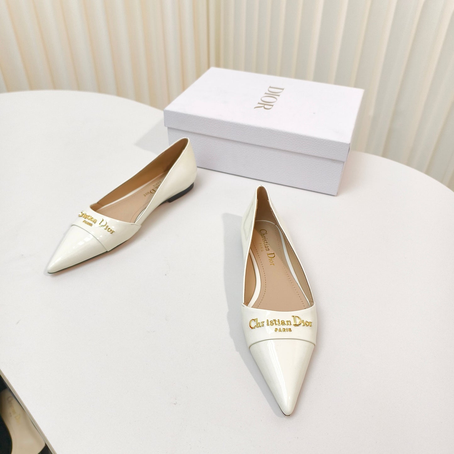 DIOR POINTED BALLET FLATS 25S IN CREAM WHITE GLOSSY LEATHER WITH GOLD HARDWARE - 34