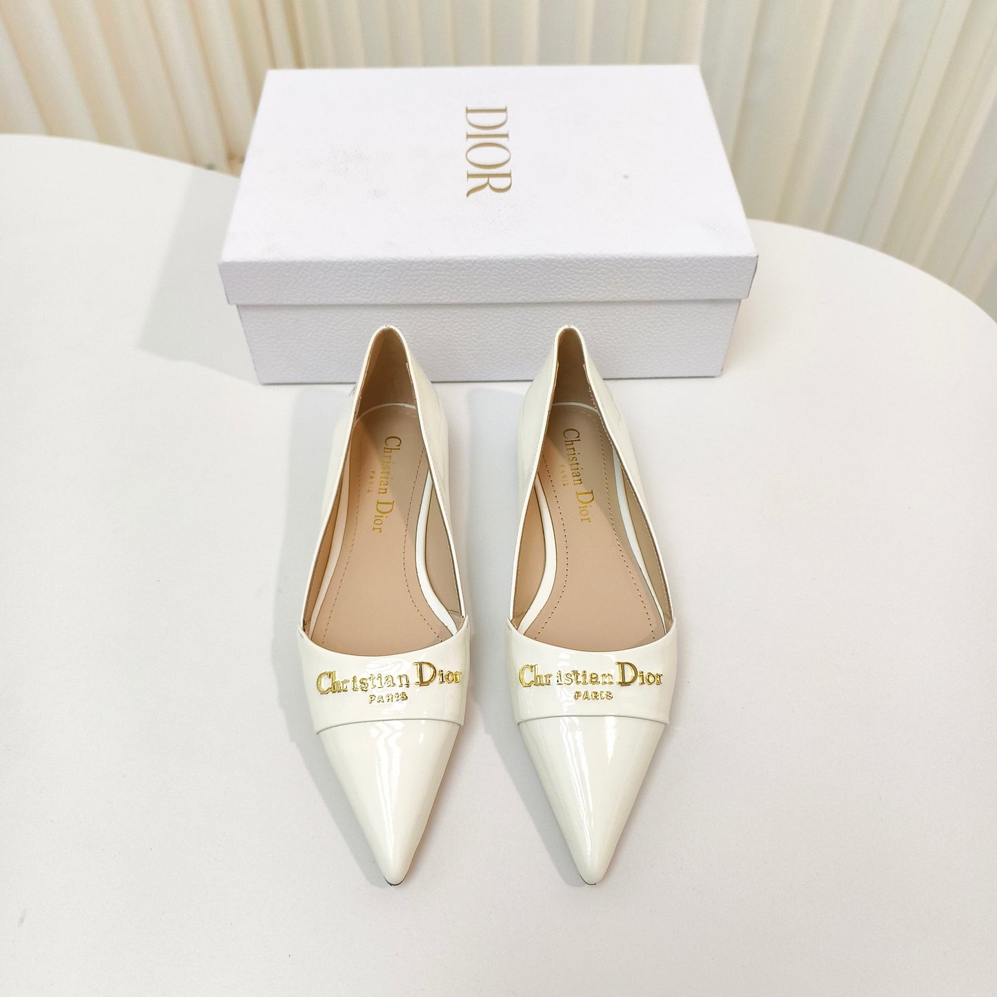 DIOR POINTED BALLET FLATS 25S IN CREAM WHITE GLOSSY LEATHER WITH GOLD HARDWARE - 34