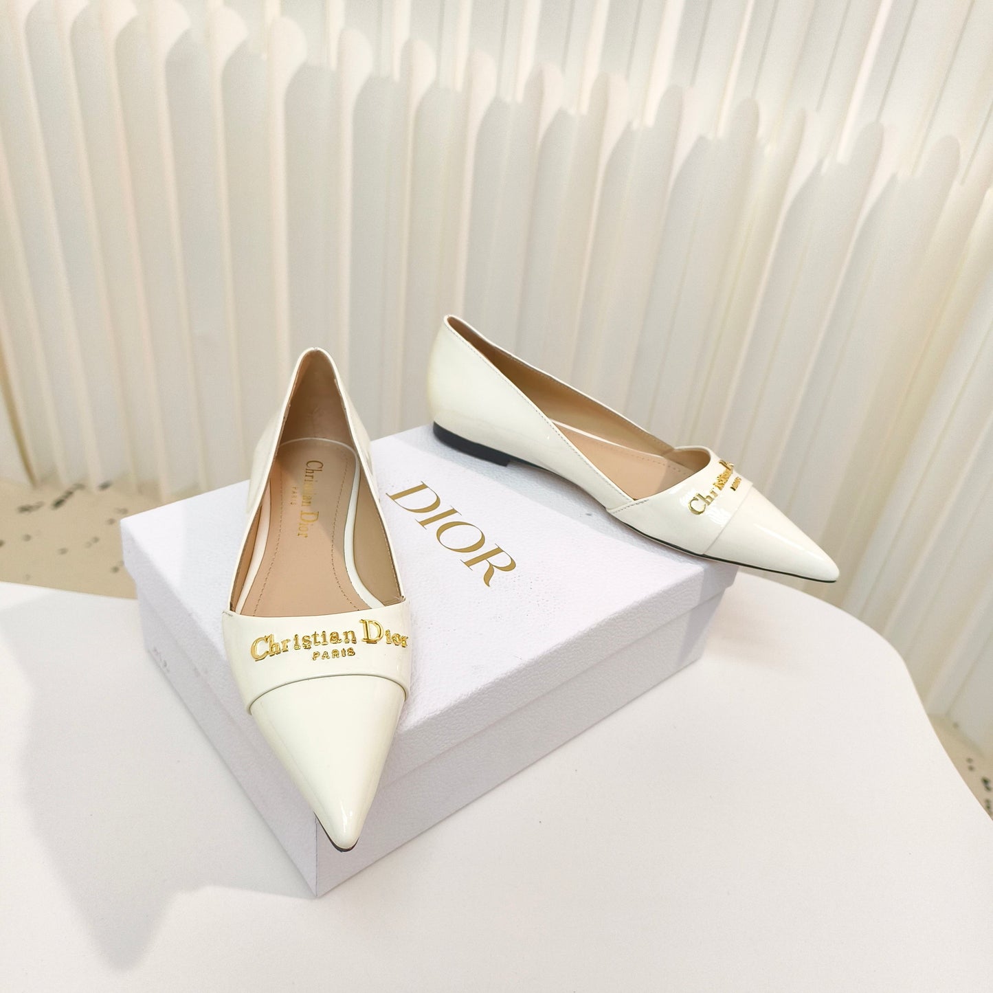 DIOR POINTED BALLET FLATS 25S IN CREAM WHITE GLOSSY LEATHER WITH GOLD HARDWARE - 34
