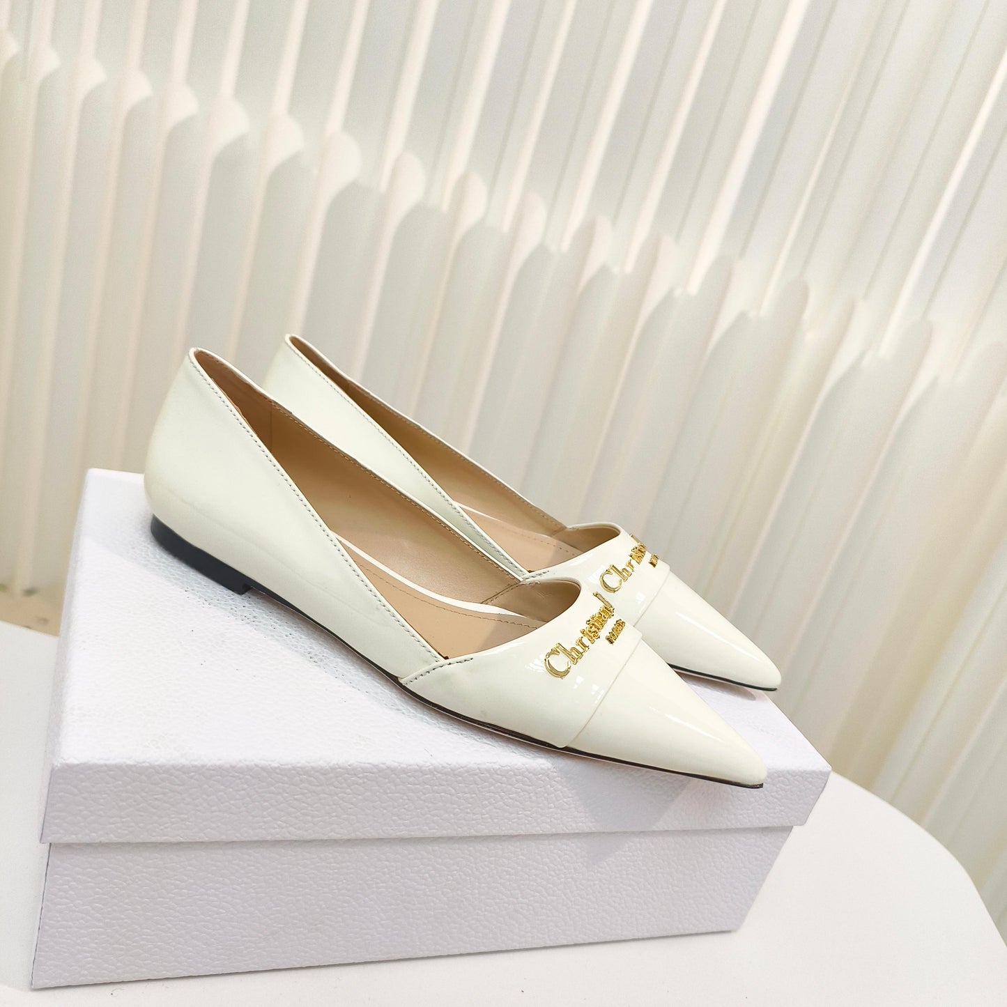 DIOR POINTED BALLET FLATS 25S IN CREAM WHITE GLOSSY LEATHER WITH GOLD HARDWARE - 34