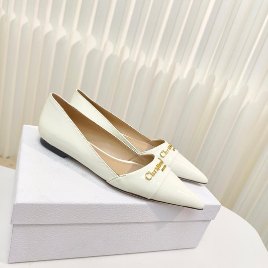 DIOR POINTED BALLET FLATS 25S IN CREAM WHITE GLOSSY LEATHER WITH GOLD HARDWARE - 34