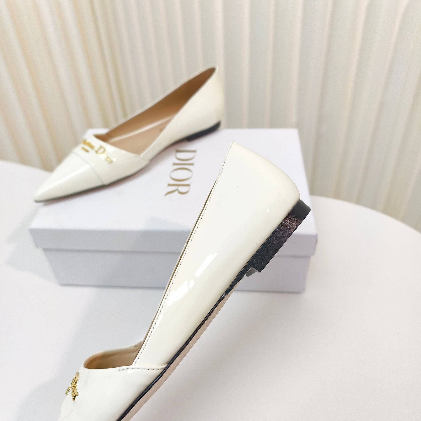 DIOR POINTED BALLET FLATS 25S IN CREAM WHITE GLOSSY LEATHER WITH GOLD HARDWARE - 34