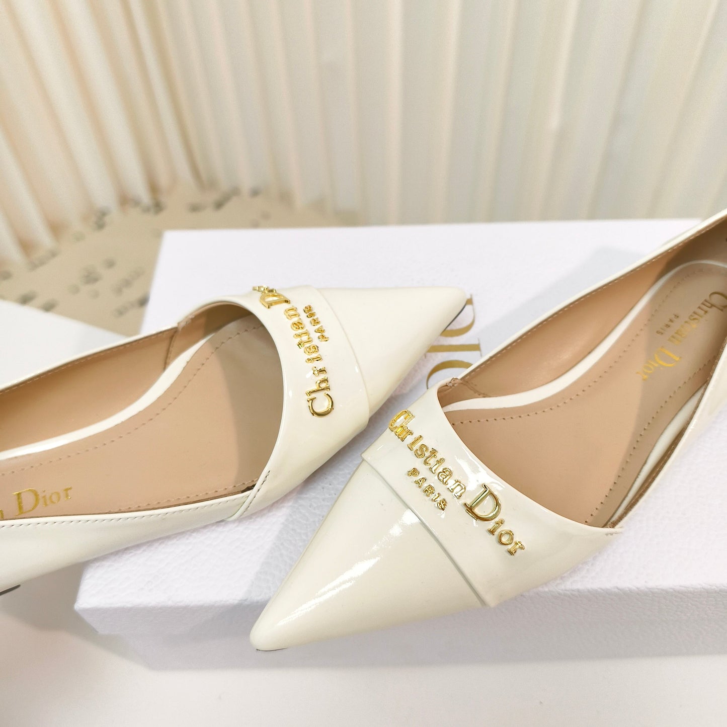 DIOR POINTED BALLET FLATS 25S IN CREAM WHITE GLOSSY LEATHER WITH GOLD HARDWARE - 34