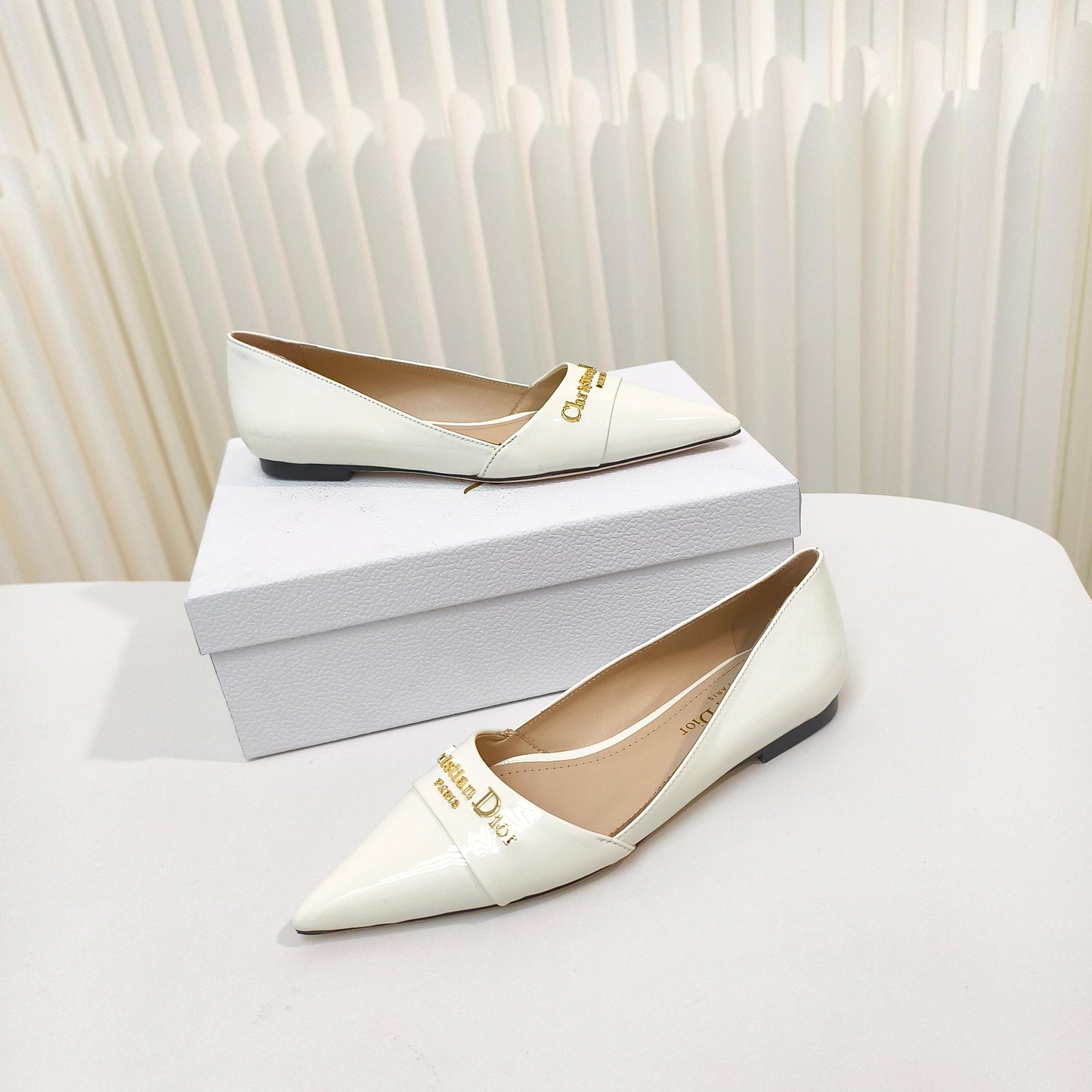 DIOR POINTED BALLET FLATS 25S IN CREAM WHITE GLOSSY LEATHER WITH GOLD HARDWARE - 34
