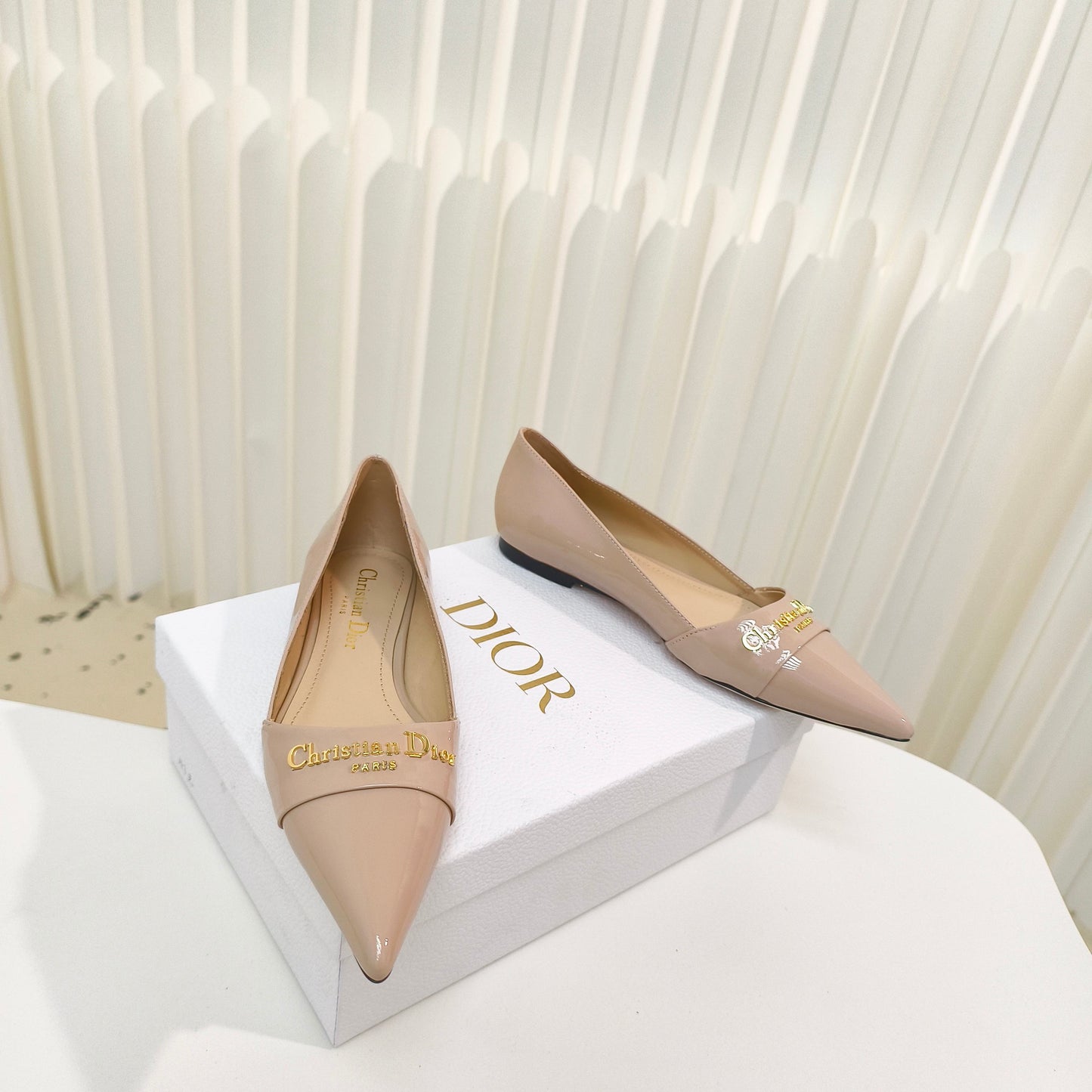 DIOR POINTED BALLET FLATS 25S IN BEIGE GLOSSY LEATHER WITH GOLD HARDWARE - 34