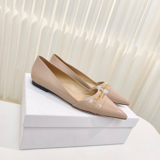 DIOR POINTED BALLET FLATS 25S IN BEIGE GLOSSY LEATHER WITH GOLD HARDWARE - 34