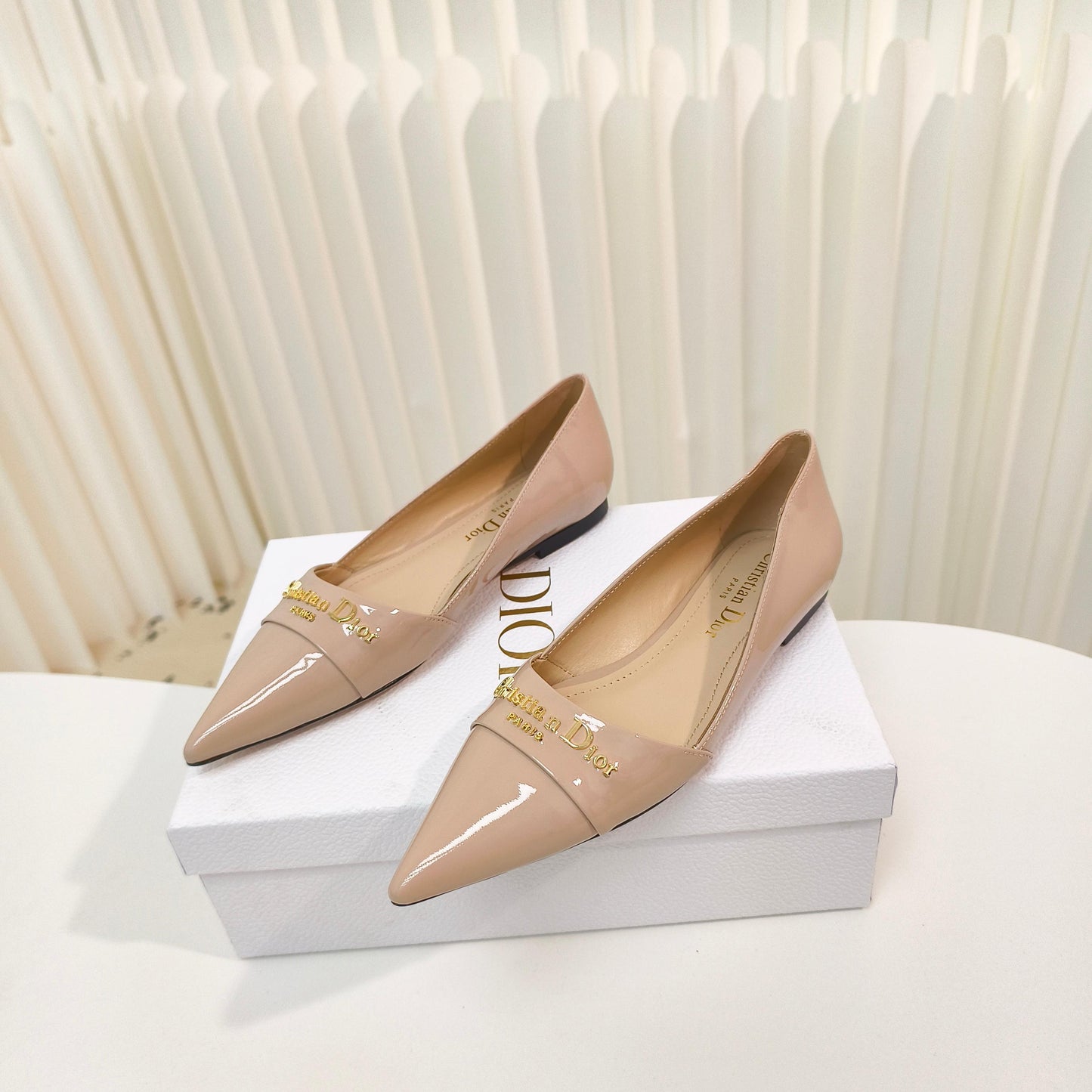 DIOR POINTED BALLET FLATS 25S IN BEIGE GLOSSY LEATHER WITH GOLD HARDWARE - 34
